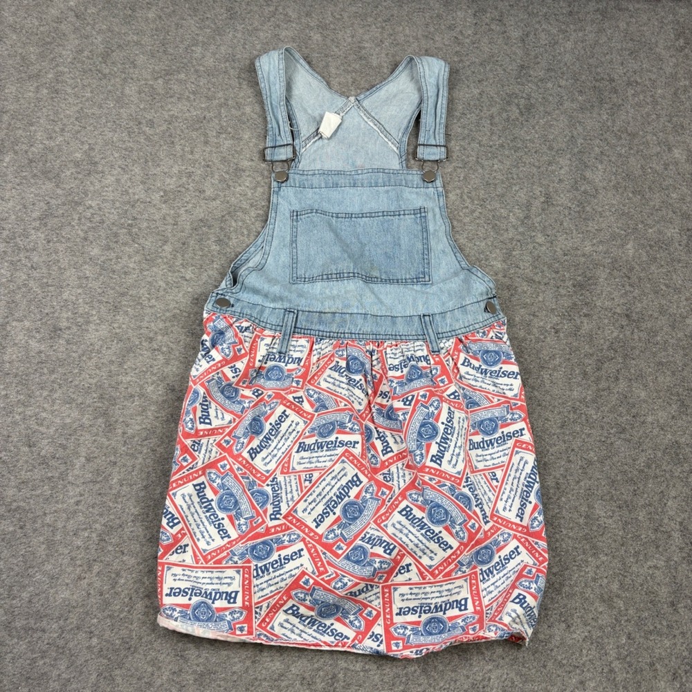 Jalate Budweiser Overall Dress Womens Small Denim Beer Novelty Vintage 90s USA